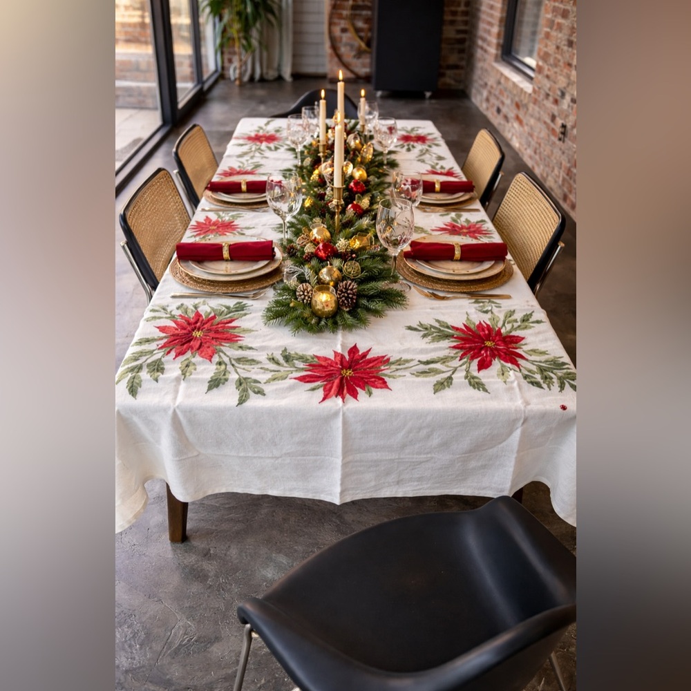 Vintage Vera Neumann Linen Poinsettia Tablecloth‎ 100x57
